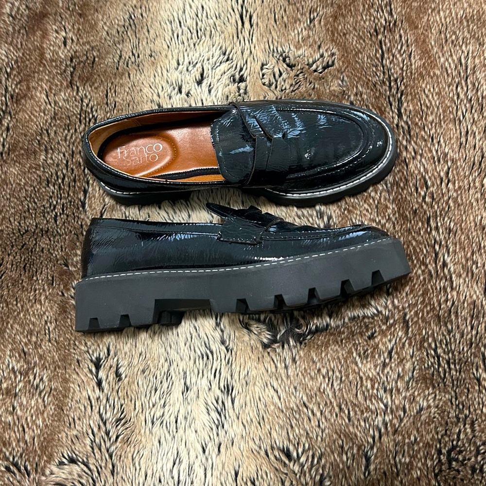 Franco Sarto Women’s Balin Lug Sole Penny Loafer, Black Patent, Size 7.5